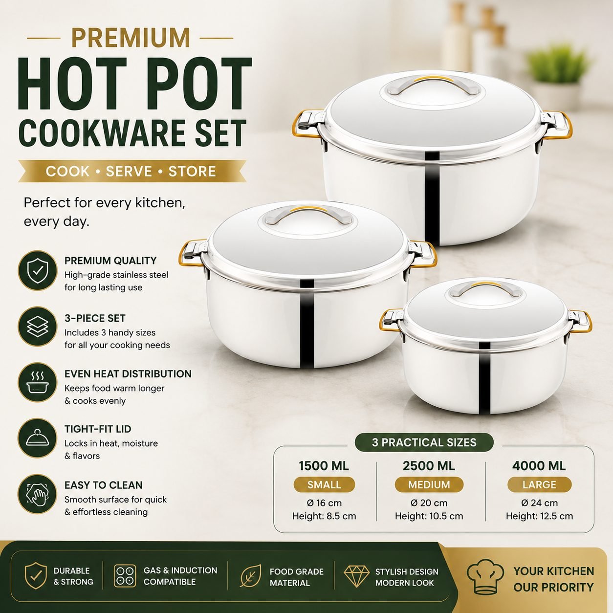 Stainless Steel Hot Pot Set 3 Pcs