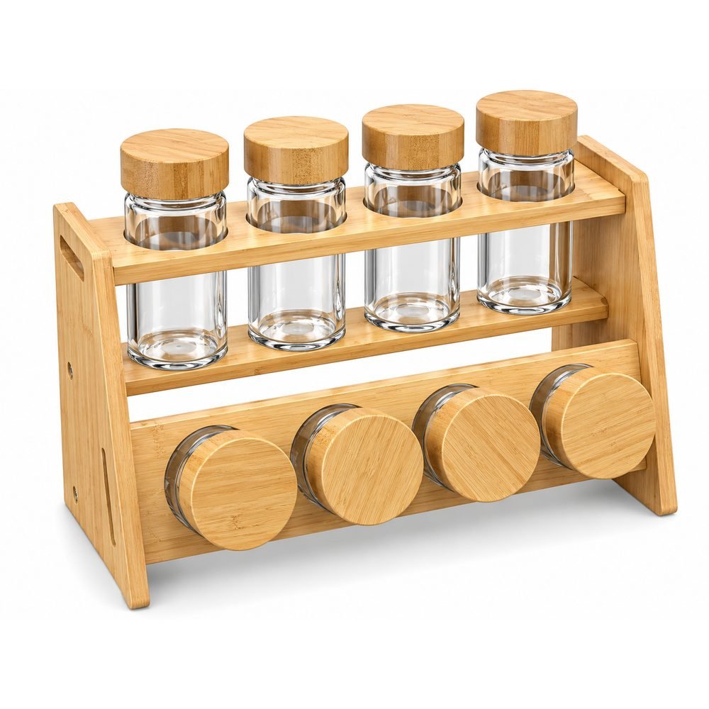 4-Piece Glass Spice Jar Set with Bamboo Rack