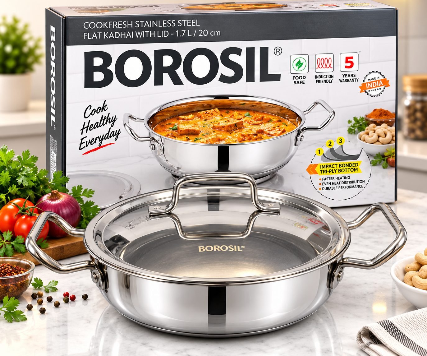 Borosil Cookfresh Flat Kadai with Lid – 1.7 L / 20 cm