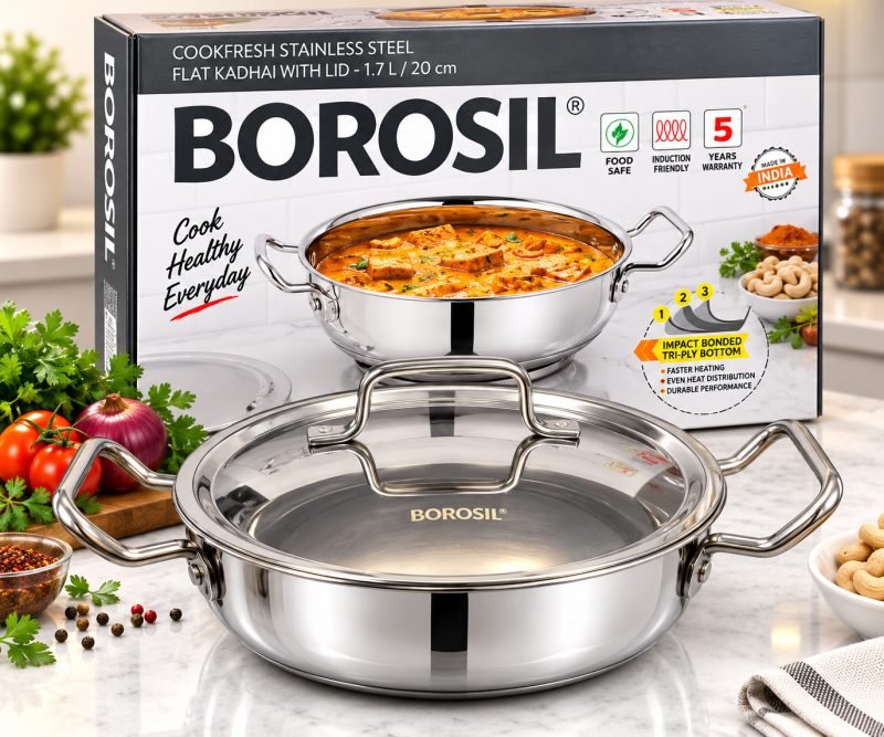 Borosil Cookfresh Flat Kadai with Lid – 1.7 L / 20 cm