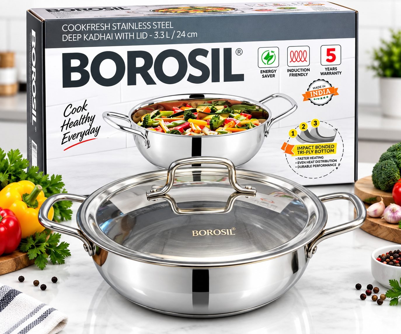 Borosil Cookfresh Deep Kadai with Lid – 3.3 L / 24 cm