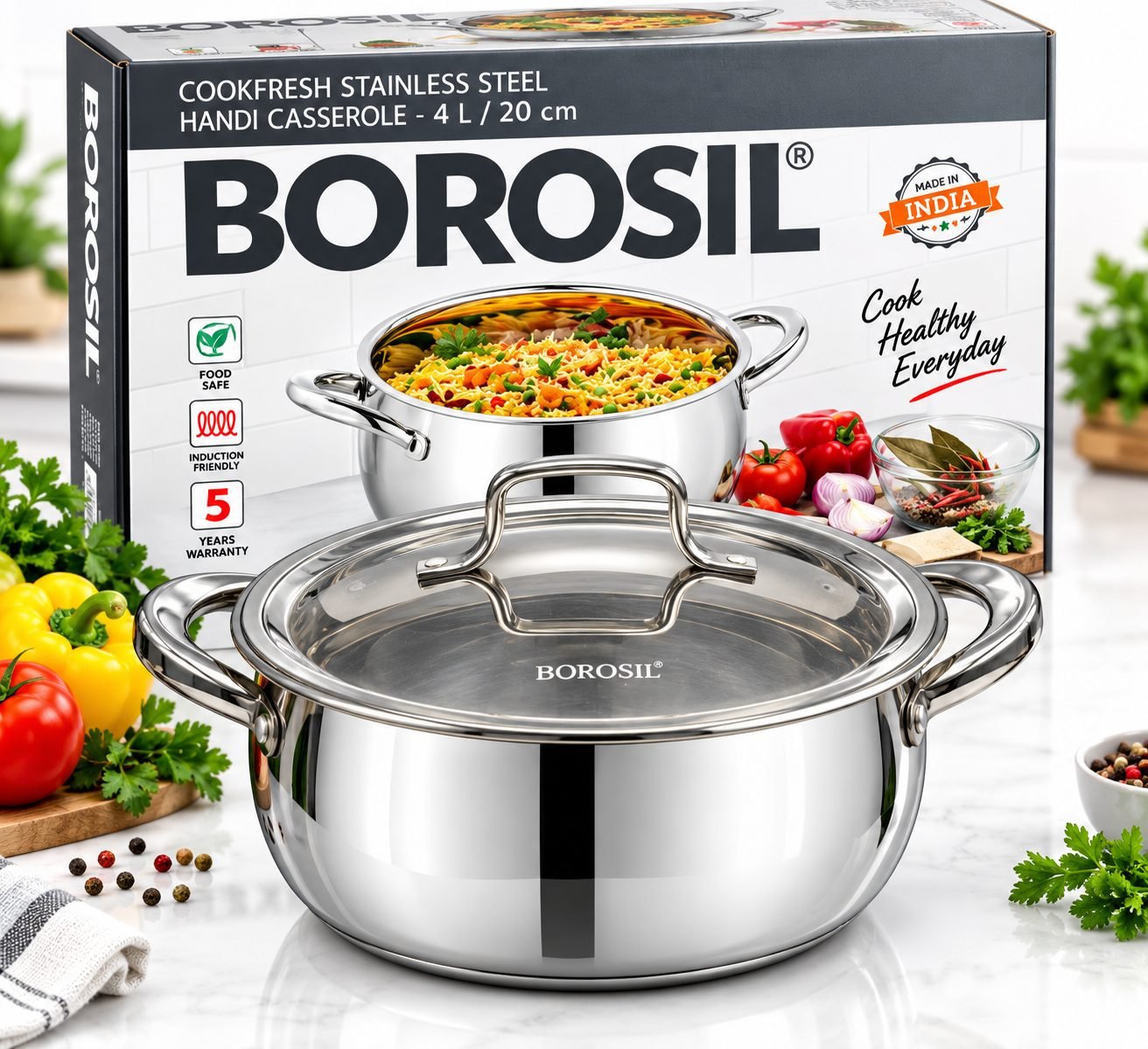 Borosil Cookfresh Handi Casserole – 4 L / 20 cm