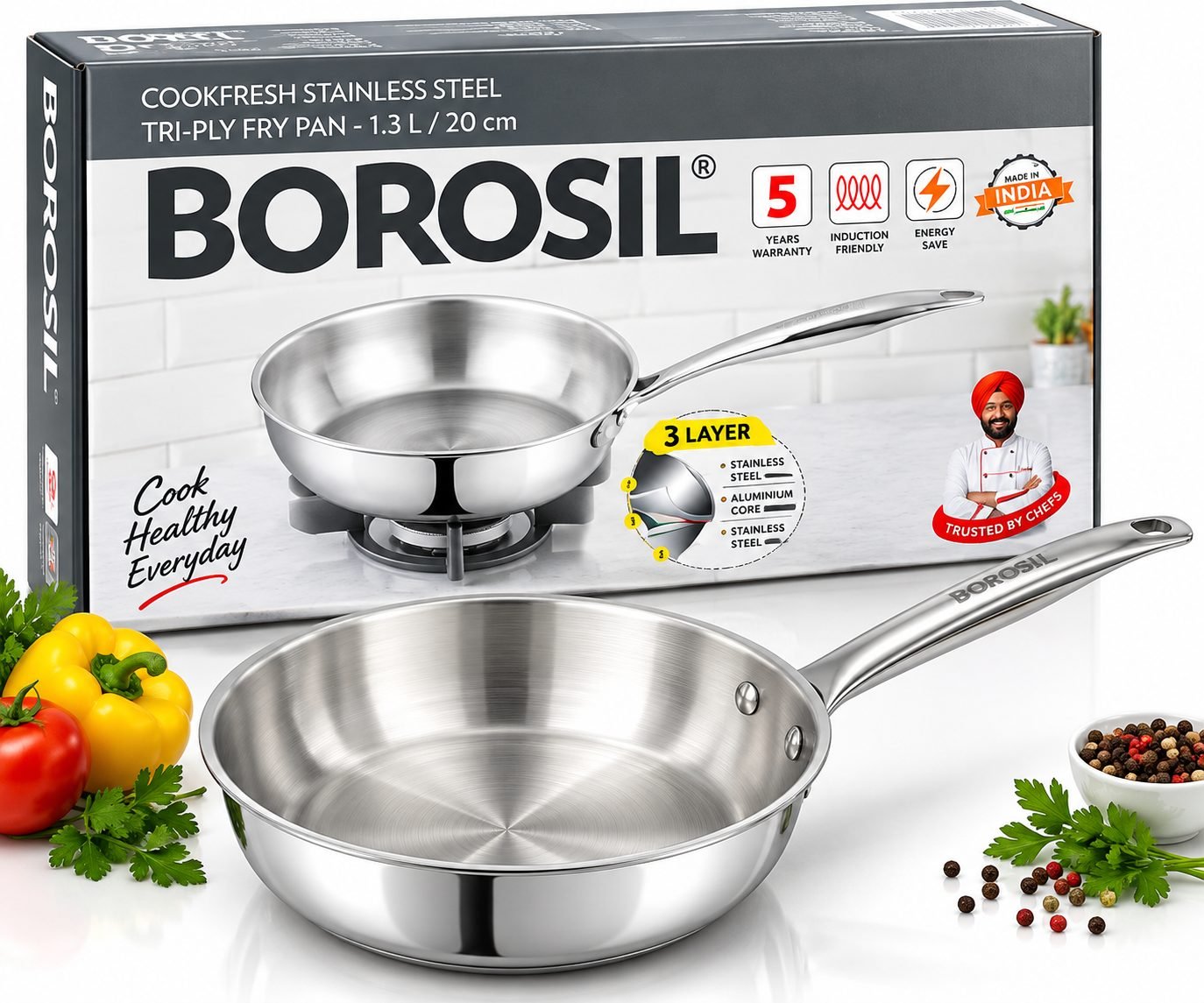 Borosil Cookfresh Tri-Ply Fry Pan – 1.3 L / 20 cm